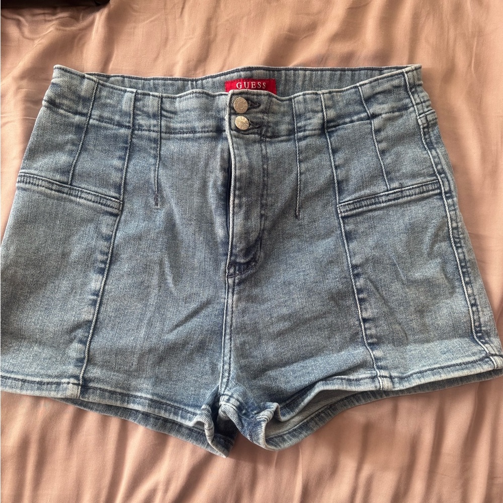 Guess Women's Light Blue Denim Shorts with Back Pocket Logo